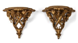 A PAIR OF CARVED WOOD AND GILT GESSO WALL BRACKETS, 19TH CENTURY