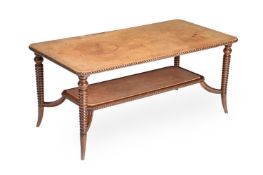 A MAHOGANY COFFEE OR LOW TABLE WITH LEATHERED TOP, IN REGENCY STYLE, LAST HALF 20TH CENTURY