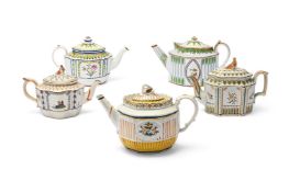 FIVE VARIOUS ENGLISH PEARLWARE TEAPOTS AND COVERS OF PRATT FAMILY TYPE, LATE 18TH CENTURY