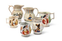 SIX VARIOUS ENGLISH PEARLWARE NAVAL AND MILITARY THEMED JUGS, LATE 18TH AND FIRST HALF 19TH CENTURY