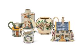 A PEARLWARE MONEYBOX MODEL OF A COTTAGE, YORKSHIRE, CIRCA 1830, TOGETHER WITH FOUR FURTHER ITEMS