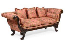 Y AN EARLY VICTORIAN ROSEWOOD AND UPHOLSTERED SCROLL ARM SOFA, CIRCA 1850