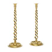 A PAIR OF LARGE VICTORIAN BRASS OPEN BARLEY TWIST CANDLESTICKS, CIRCA 1885