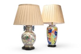 A CHINESE FAMILLE ROSE PORCELAIN VASE FORM TABLE LAMP, TOGETHER WITH ANOTHER LAMP