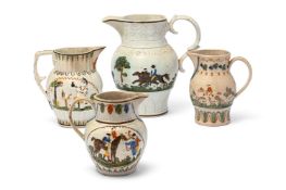 FOUR VARIOUS STAFFORDSHIRE AND SOUTH YORKSHIRE PRATT-TYPE PEARLWARE JUGS, LATE 18TH CENTURY