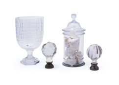 TWO SIMILAR BOULES D'ESCALIERS, MODERN, TOGETHER WITH TWO GLASS JARS