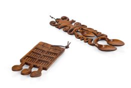 A CARVED AND PIERCED BEECH TRIPLE LOVE SPOON, WELSH, 19TH CENTURY