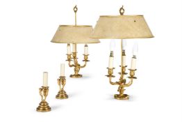 A PAIR OF ORMOLU THREE BRANCH ROCOCO BOUILLOTTE TABLE LIGHTS, FRENCH, LATE 19TH CENTURY