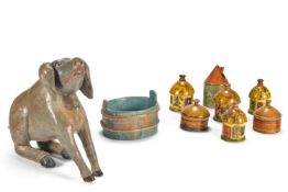 A COLLECTION OF PAINTED TREEN MONEY AND STRING BOXES, 19TH CENTURY
