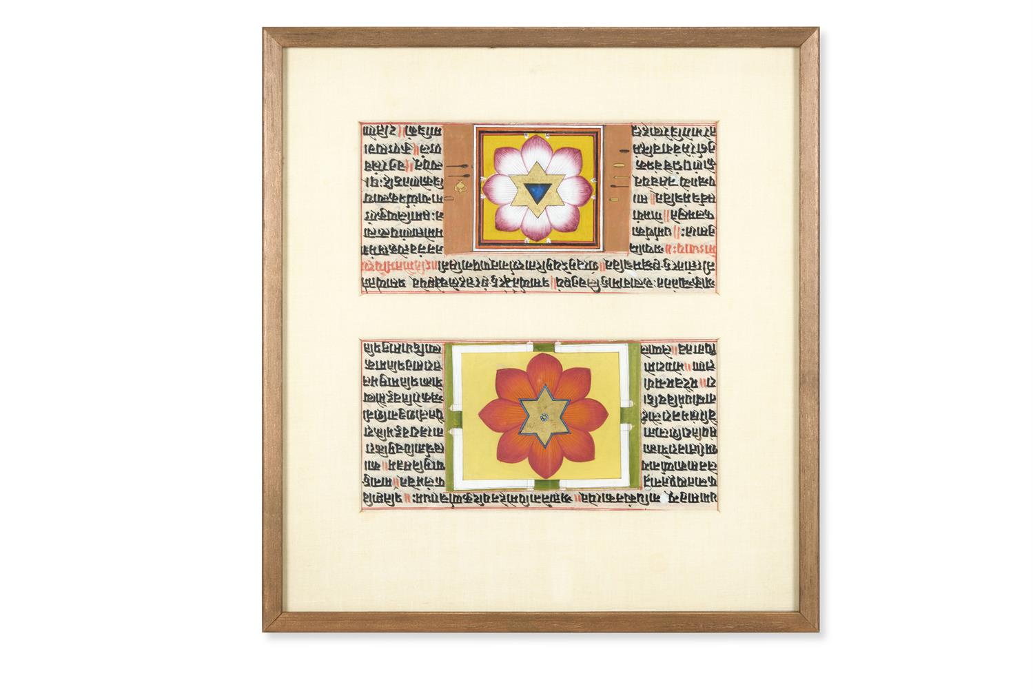 A FRAMED PAIR OF MODERN DECORATIVE INDIAN CALLIGRAPHIC PAGES PAINTED OVER OLDER MANUSCRIPTS