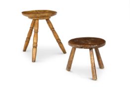 A BURR YEW AND ASH THREE LEGGED STOOL,18TH/19TH CENTURY