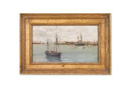 BRITISH SCHOOL (19TH CENTURY)BOATS MOORED IN THE ESTUARYOil on boardSigned with initials ETA and