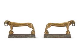 A PAIR OF BRASS AND LEAD ELONGATED LEOPARDS, 19TH CENTURY