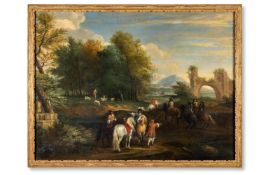 ADAM FRANS VAN DER MEULEN (DUTCH 1648-1690), THE HUNTING PARTY, SHEPHERD AND RUINS BEYOND
