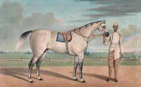 STUDIO OF SHAIKH MUHAMMAD AMIR OF KARRAYA (FL. 1830-1850), A WHITE STALLION WITH A GROOM