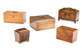 Y A COLLECTION OF GEORGE III AND LATER TEA CADDIES AND A LETTER BOX, LATE 18TH/EARLY 19TH CENTURY