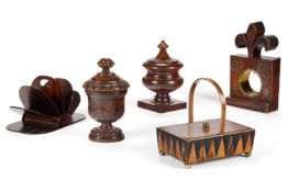 Y A COLLECTION OF FIVE TREEN OBJECTS 18TH AND 19TH CENTURY Including a Victorian turned oak tobacco