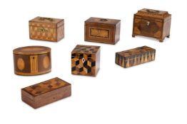 Y A COLLECTION OF SEVEN PARQUETRY AND INLAID SPECIMEN WOOD TEA CADDIES AND BOXES