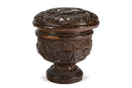 A CARVED TREEN MACPHERSON CLAN ARMORIAL CUP, 19TH CENTURY