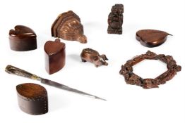 A COLLECTION OF EIGHT TREEN OBJECTS & A STEEL BLADE KNIFE 17TH
