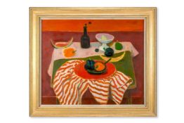 λ ALBERTO MORROCCO (BRITISH 1917-1998), PEPERONI AND STRIPED CLOTH