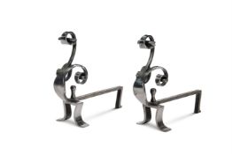 A PAIR OF POLISHED STEEL FIREDOGS, BY R. DODSON, SECOND HALF 20TH CENTURY