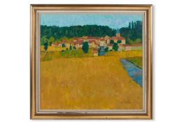 λ DEVLIN (BRITISH 1937-2014)POPPIES IN A CORNFIELD WITH VILLAGE BEYONDOil on canvasSigned (lower ri