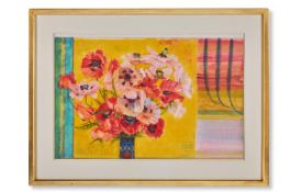 λ SIR ROBIN PHILIPSON (BRITISH 1916-1992), POPPIES ON A STRIPED CLOTH