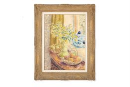 λ PAUL LUCIEN MAZE (FRENCH/BRITISH 1887-1979), PEACHES AND APPLES IN BASKETS, YELLOW FLOWERS IN A VA