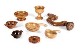 A COLLECTION OF EIGHT TREEN OBJECTS MOSTLY 19TH CENTURY Comprising two Scandinavian 'Kasa' drinkin