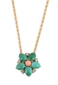 Y VANT, A DIAMOND, TURQUOISE AND CORAL FLOWERHEAD NECKLACE