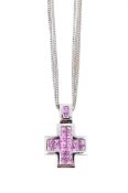 A PINK SAPPHIRE CROSS PENDANT ON CHAIN