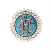 AN EDWARDIAN SEED PEARL, DIAMOND AND BLUE ENAMEL LOCKET BROOCH