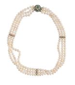 A THREE ROW CULTURED PEARL NECKLACE