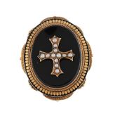 A MID VICTORIAN ONYX, HALF PEARL AND ENAMEL BROOCH