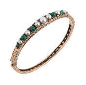 A TURQUOISE AND CULTURED PEARL HINGED BANGLE