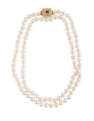 A CULTURED PEARL, DIAMOND AND RUBY NECKLACE