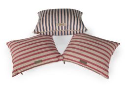 A PAIR OF HOWE LONDON RED AND WHITE 'SWEDISH TICKING' CUSHIONS, MODERN, TOGETHER WITH ANOTHER