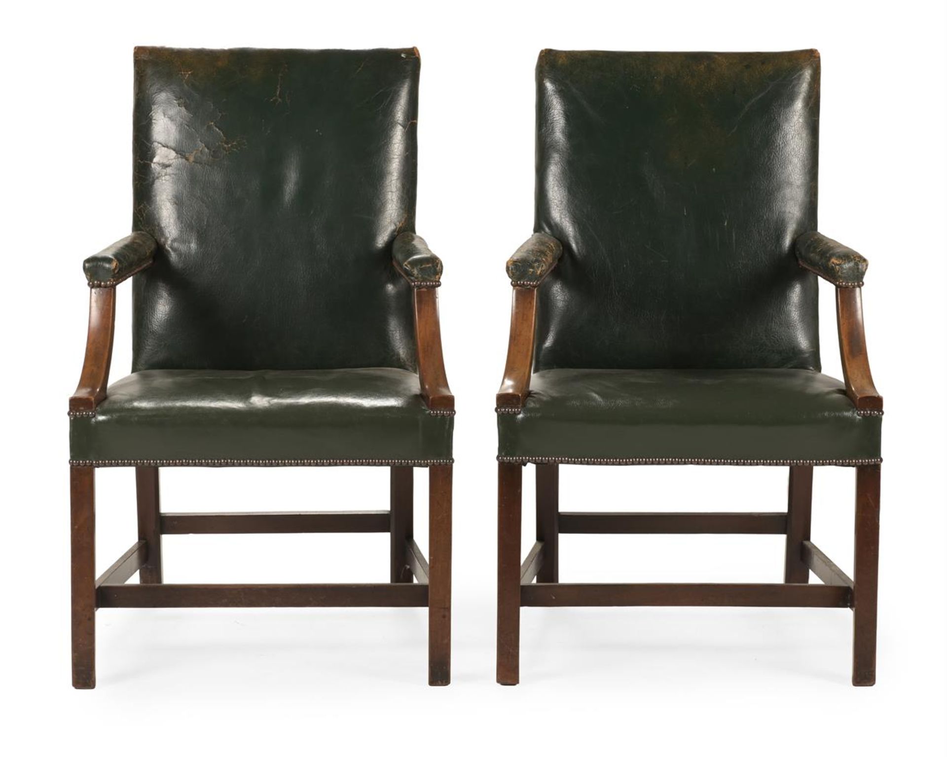 A PAIR OF MAHOGANY AND UPHOLSTERED GAINSBOROUGH CHAIRS, GEORGE III STYLE, FIRST HALF 20TH CENTURY - Image 2 of 3