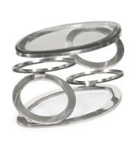 A SMALL OVAL POLISHED METAL SIDE TABLE WITH GLASS TOP, MODERN