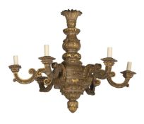 A CARVED AND PAINTED FIVE LIGHT CHANDELIER, LATE 19TH AND EARLY 20TH CENTURY