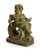A LARGE COMPOSTION STONE PUTTI EMBLEMATIC OF AUTUMN, 20TH CENTURY
