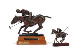 SHERRY WOLFENBARGER CAGAN, BRONZE POLO TROPHY 'GLORY AT THE GOAL', TOGETHER WITH ANOTHER TROPHY