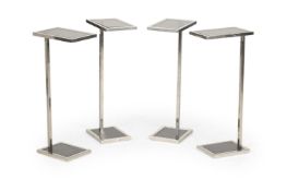 ALEXANDER JAMES, TWO PAIRS OF PEDESTAL SIDE TABLES, STAINLESS STEEL AND SMOKED GLASS, MODERN