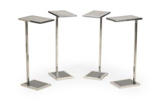 ALEXANDER JAMES, TWO PAIRS OF PEDESTAL SIDE TABLES, STAINLESS STEEL AND SMOKED GLASS, MODERN