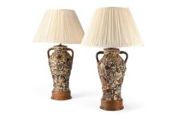 A PAIR OF POTTERY TWIN HANDLED TABLE LIGHTS, 20TH CENTURY