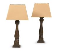 A PAIR OF LARGE WOODEN COLUMN LIGHTS AND RECTANGULAR PARCHMENT SHADES, MODERN