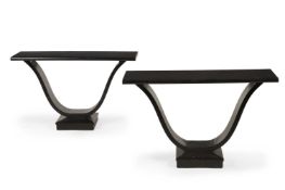 A PAIR OF EBONSED ELM CONSOLE TABLES, MODERN