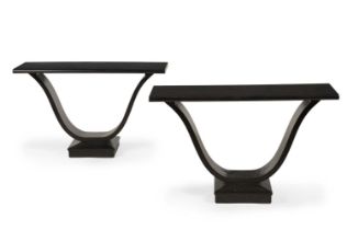 A PAIR OF EBONSED ELM CONSOLE TABLES, MODERN