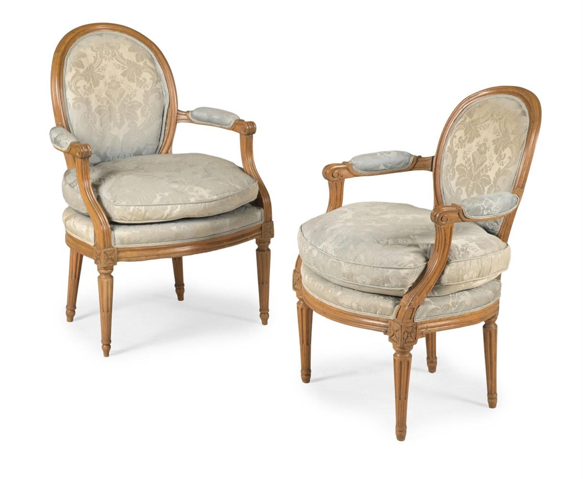 A PAIR OF LOUIS XVI STYLE BEECHWOOD FAUTEUILS ARMCHAIRS, LAST QUARTER 19TH CENTURY